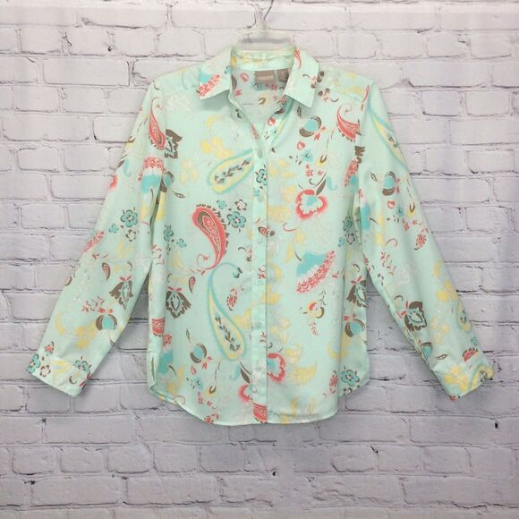 Chico's Shirt/Blouse Size 0/XS Paisley Floral Stretch Button Up Roll Tab Sleeves - Picture 4 of 6